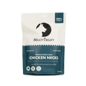Front view of Meaty Treaty Freeze Dried Chicken Necks dog treat pack.