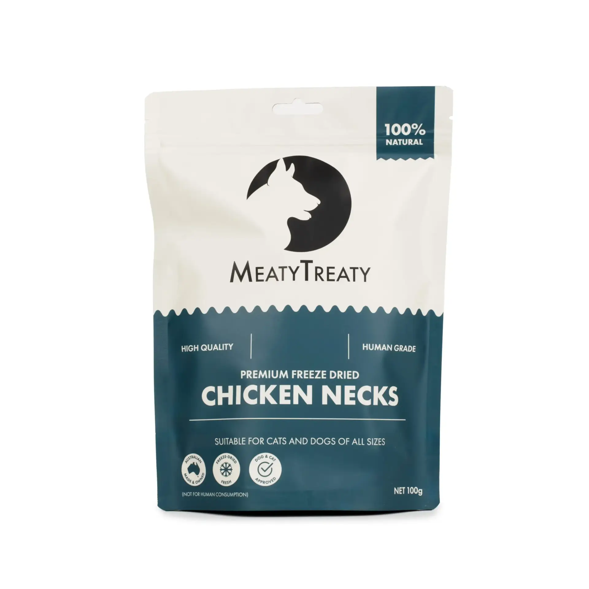 Front view of Meaty Treaty Freeze Dried Chicken Necks dog treat pack.