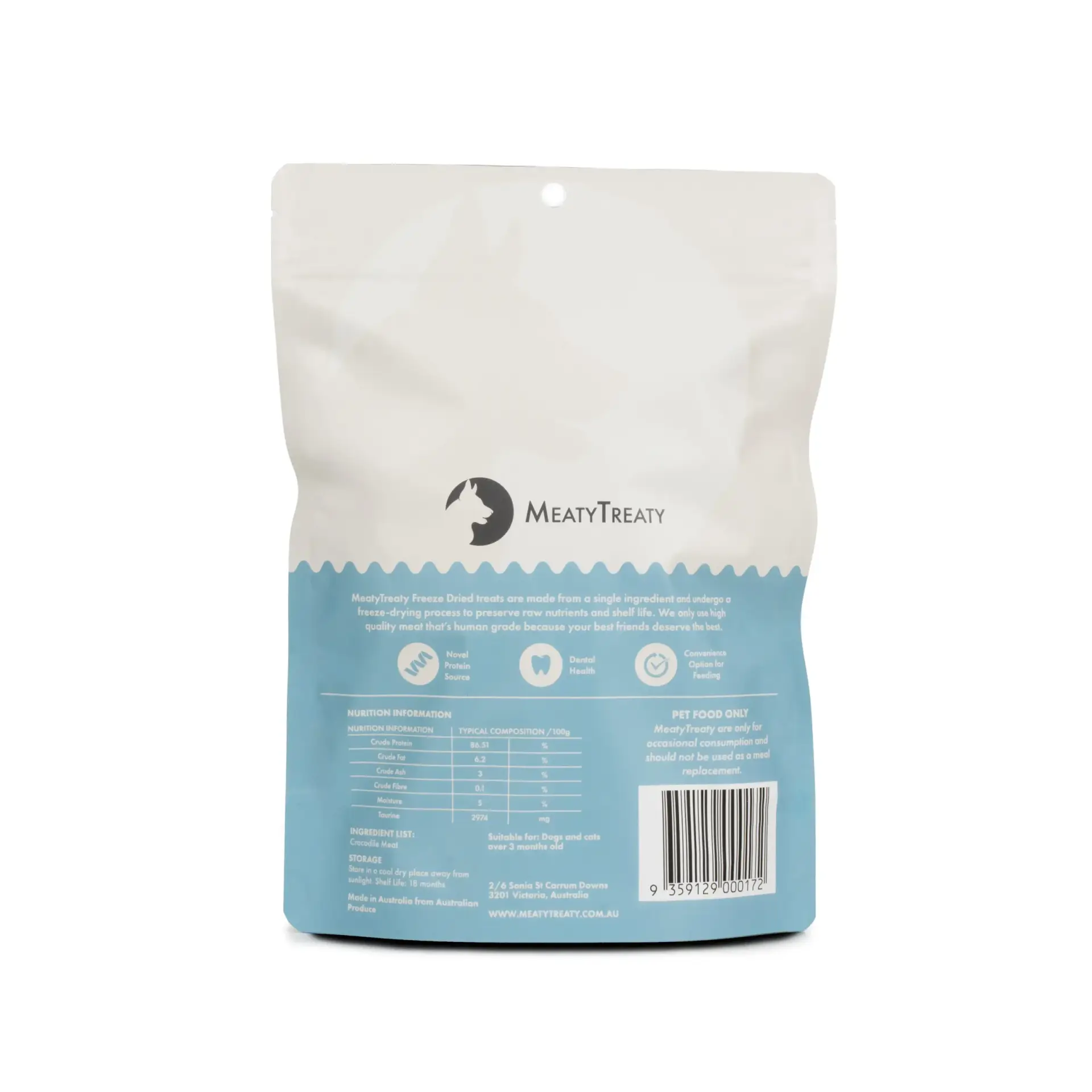 Back view of Meaty Treaty Freeze Dried Crocodile Dog Treats packaging