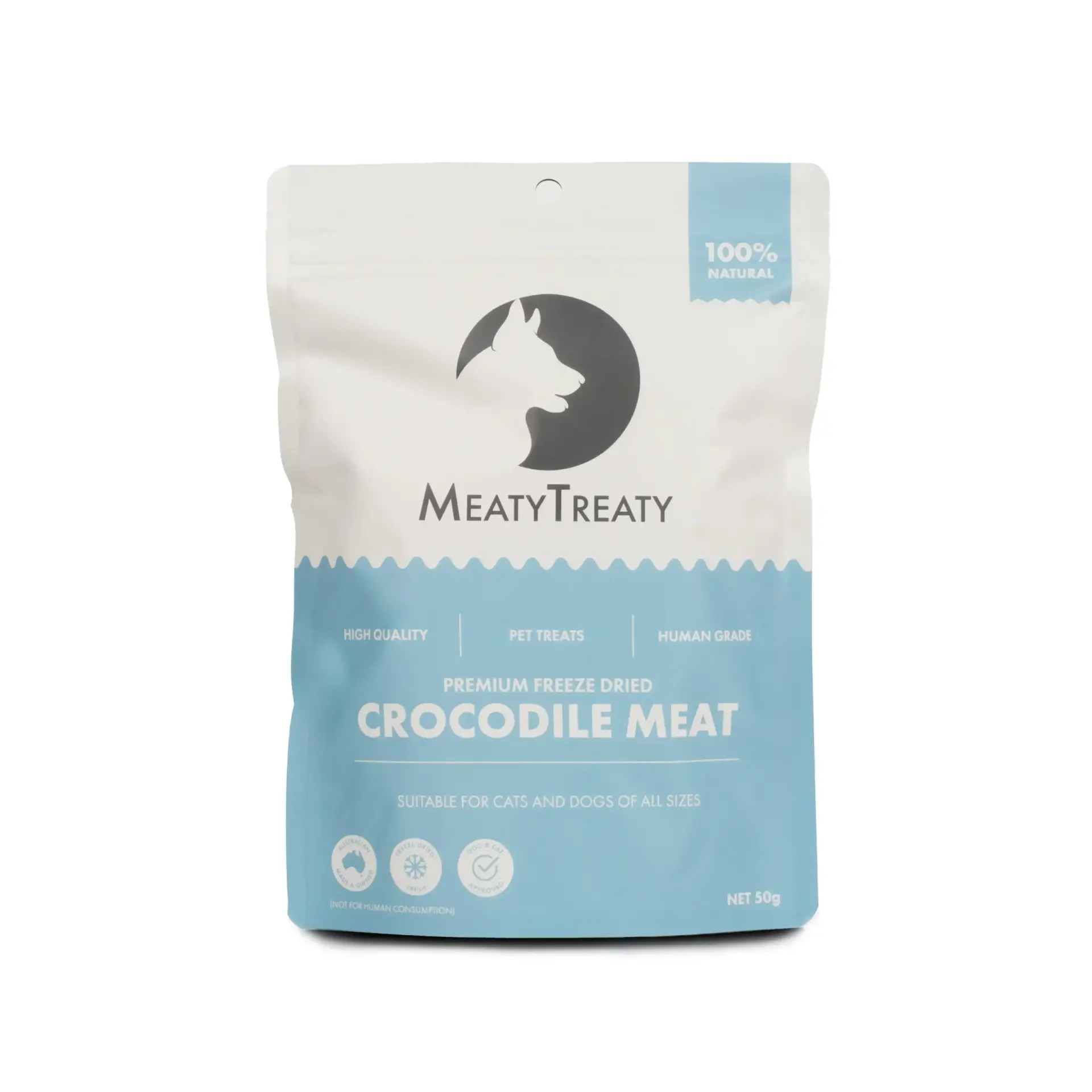 Front view of Meaty Treaty Freeze Dried Crocodile Dog Treats