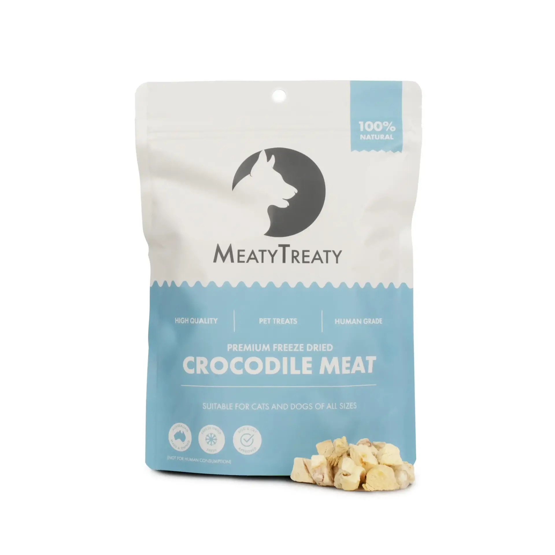 Front view of Meaty Treaty Freeze Dried Crocodile Dog Treats with crocodile pieces displayed