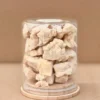 Freeze Dried Chicken Breast with Colostrum Dog Treats Close Up Freeze dried chicken breast with colostrum dog treats shown in clear jar with whole pieces visible