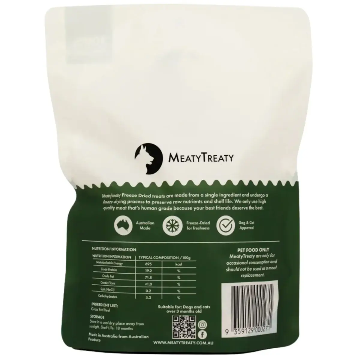 Back view of Meaty Treaty Freeze Dried Grass Fed Beef dog treat packaging showing nutritional information and product details.