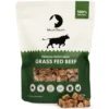 Front view of Meaty Treaty Freeze Dried Grass Fed Beef dog treat pack with beef pieces displayed.