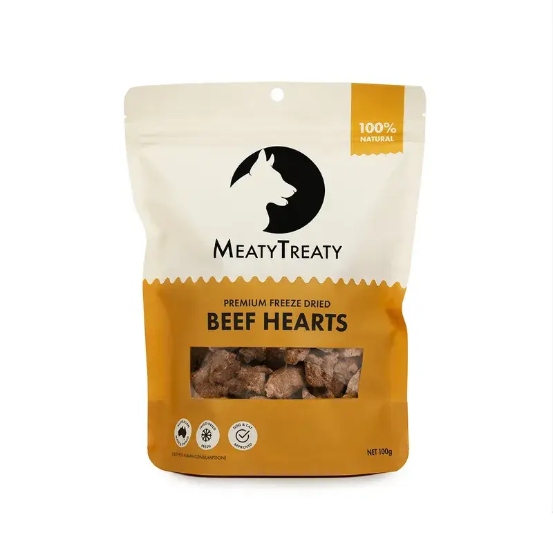Front view of Meaty Treaty Freeze Dried Beef Heart Dog Treats 100g pouch