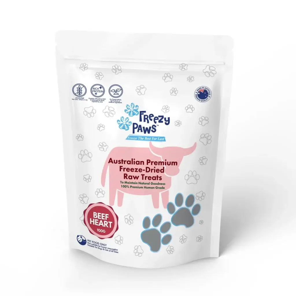 Front view of Freezy Paws Freeze Dried Beef Heart Dog Treats 100g pouch