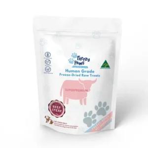 Front view of Freezy Paws Freeze Dried Beef Steak Raw Treats for Dogs & Cats 70g pouch