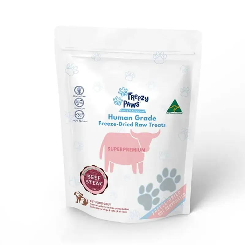 Front view of Freezy Paws Freeze Dried Beef Steak Raw Treats for Dogs & Cats 70g pouch