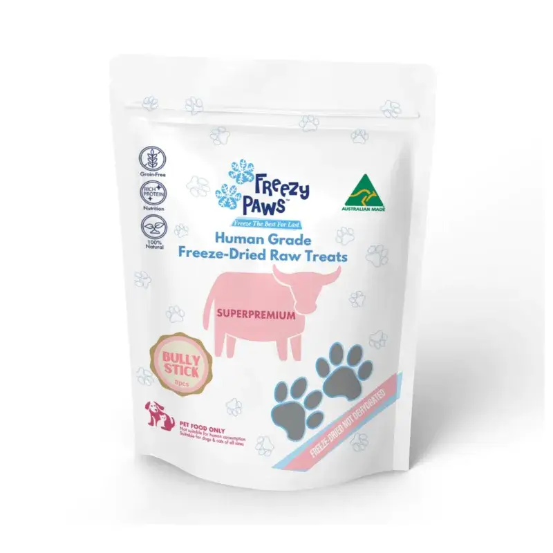 Front view of Freezy Paws Freeze Dried Bully Stick Treats 8 pack pouch