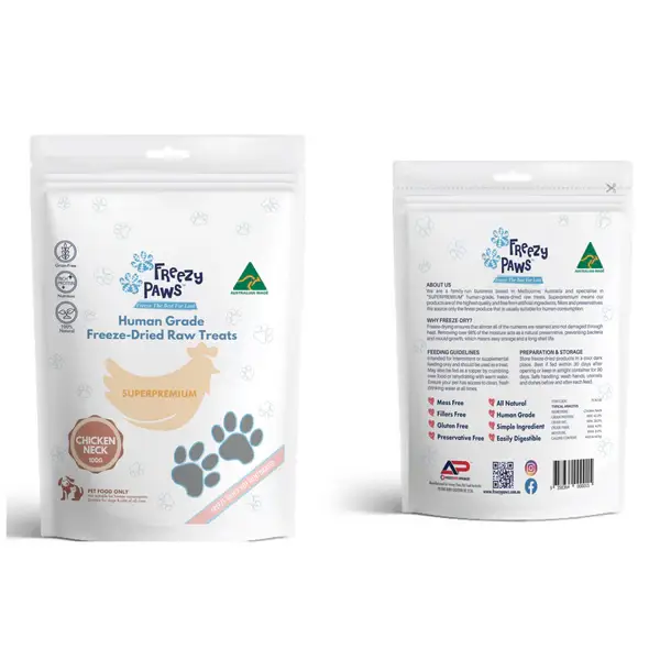 Front and back packaging of Freezy Paws Freeze Dried Chicken Neck Treats 100g