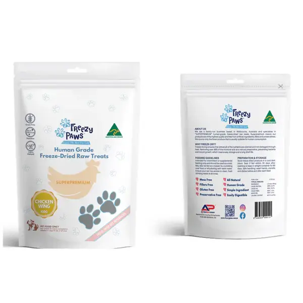 Front and back packaging of Freezy Paws Freeze Dried Chicken Wing Treats