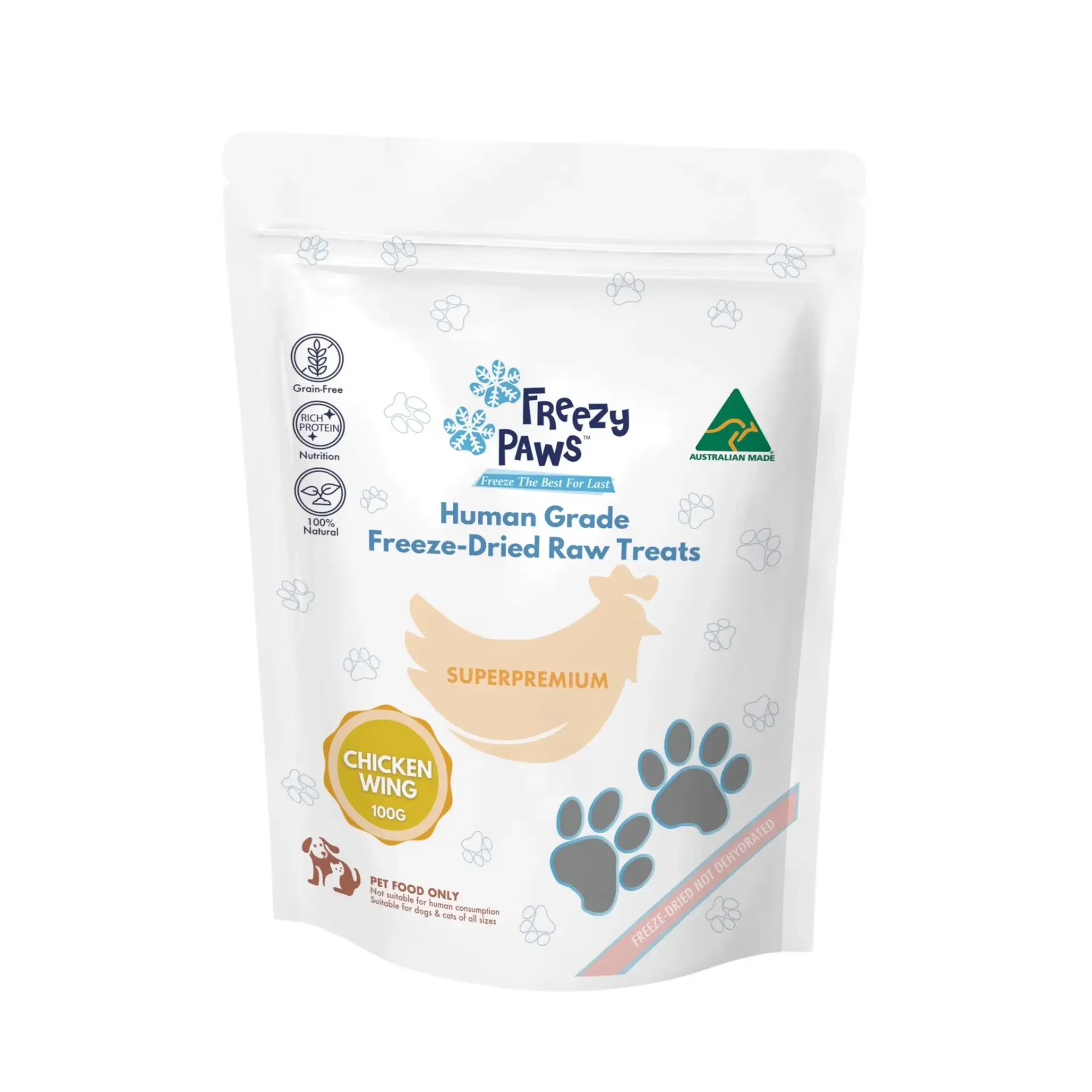 Front view of Freezy Paws Freeze Dried Chicken Wing Treats 100g pouch