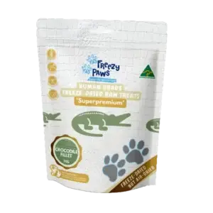 Front view of Freezy Paws Freeze Dried Crocodile Fillet dog treats pouch. Crocodile treats for dogs