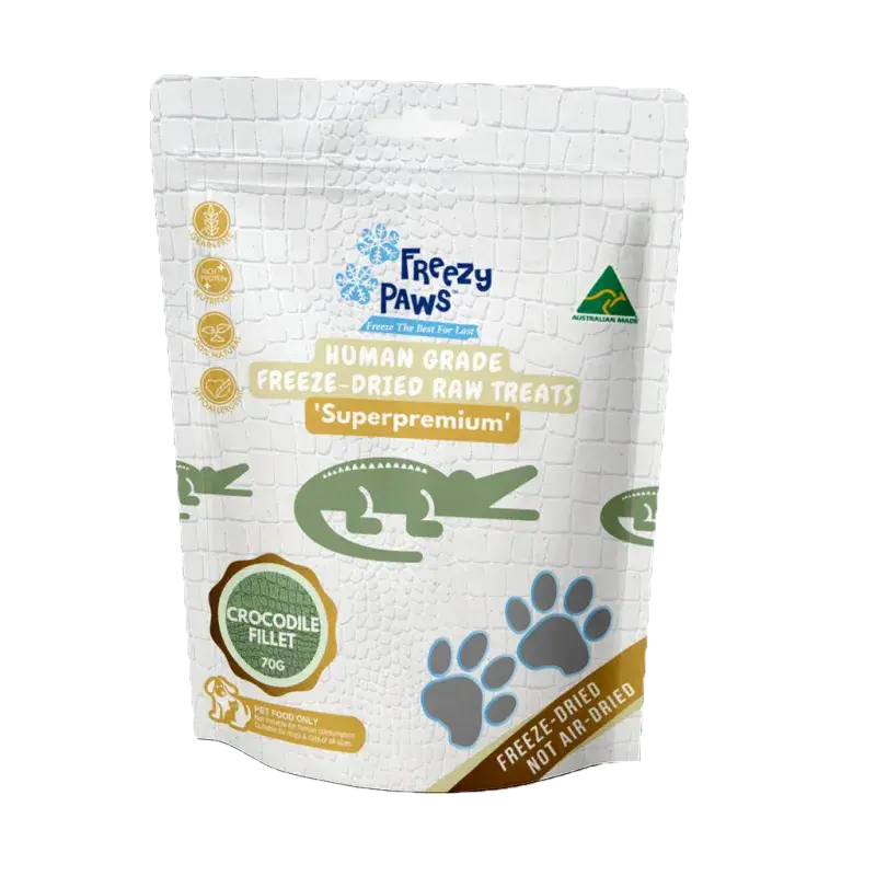 Front view of Freezy Paws Freeze Dried Crocodile Fillet dog treats pouch. Crocodile treats for dogs