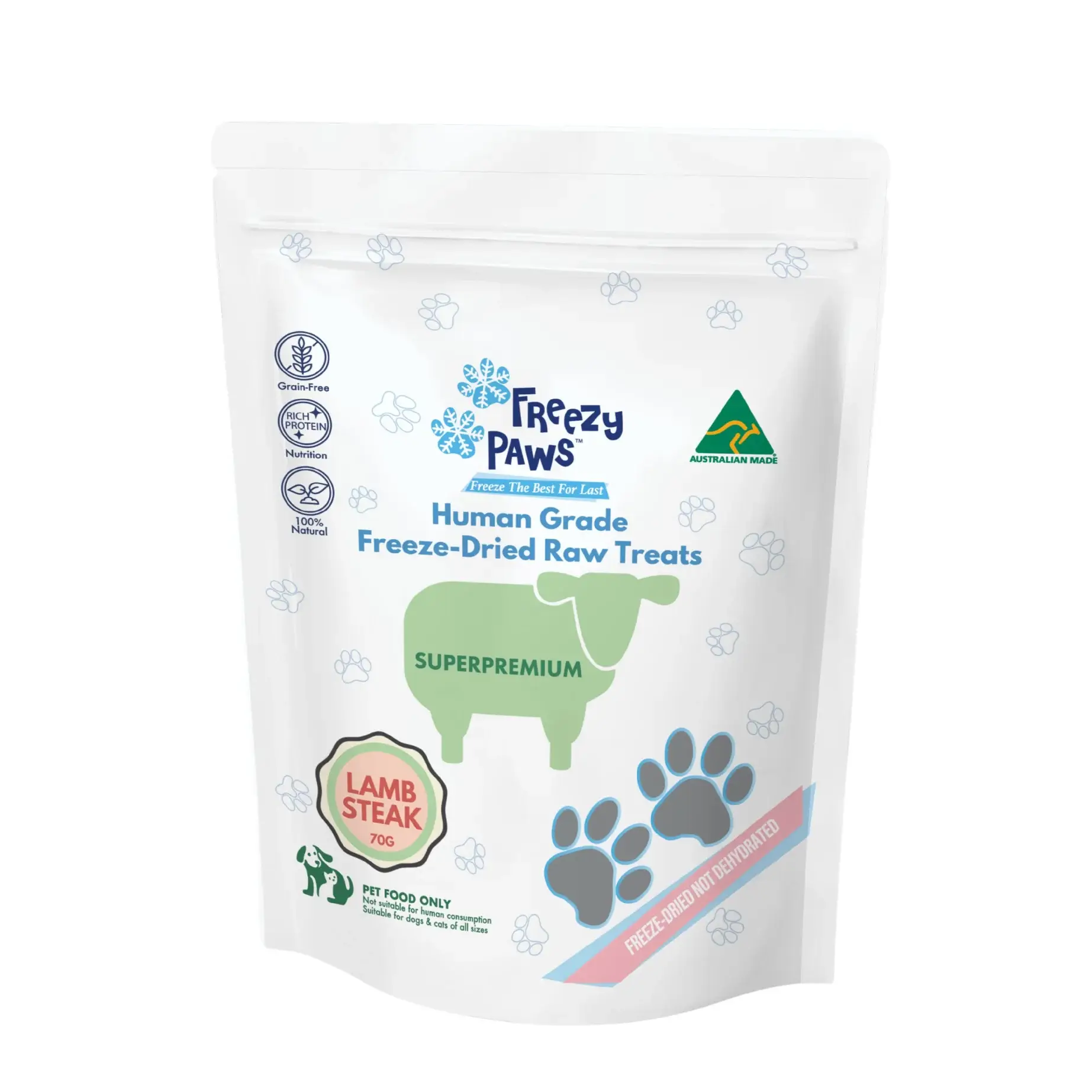 Freezy Paws Freeze Dried Lamb Steak Treats for dogs and cats70g Freeze Dried Lamb Steak Treats Packaging