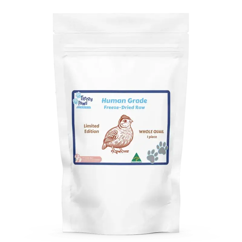 Freezy Paws freeze-dried whole quail in resealable packaging