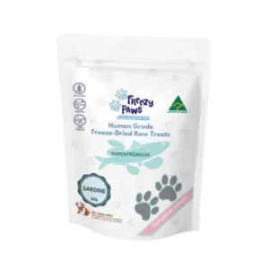Front view of Freezy Paws Freeze Dried Whole Sardine Treats 80g pouch