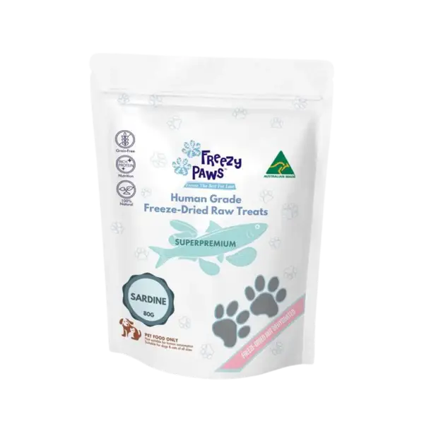 Front view of Freezy Paws Freeze Dried Whole Sardine Treats 80g pouch