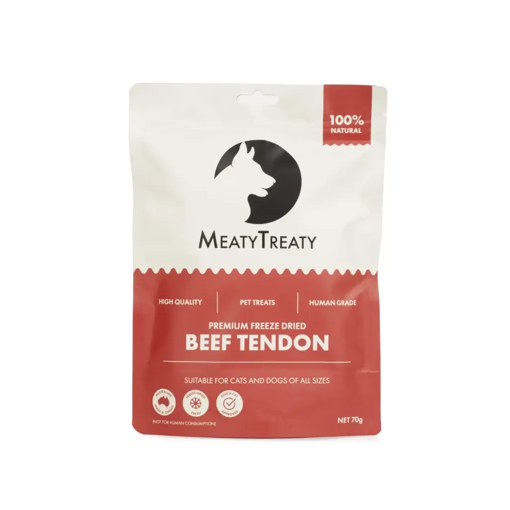 Front view of Meaty Treaty Freeze Dried Beef Tendon dog treat pack.