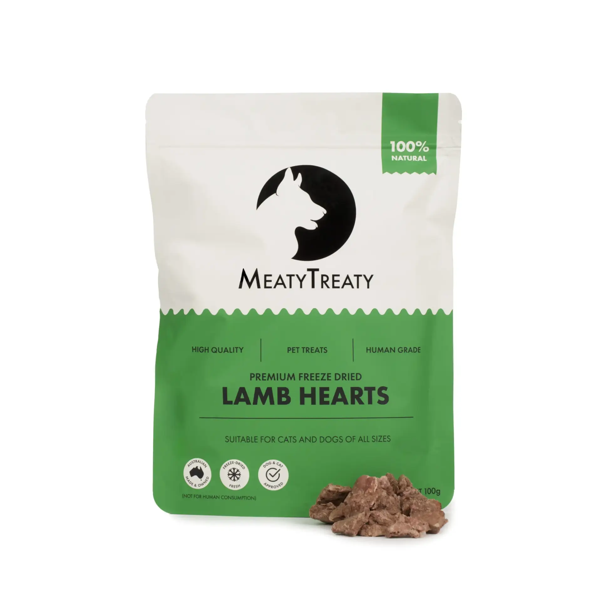Freeze-dried lamb heart treat pieces displayed beside Meaty Treaty pouch