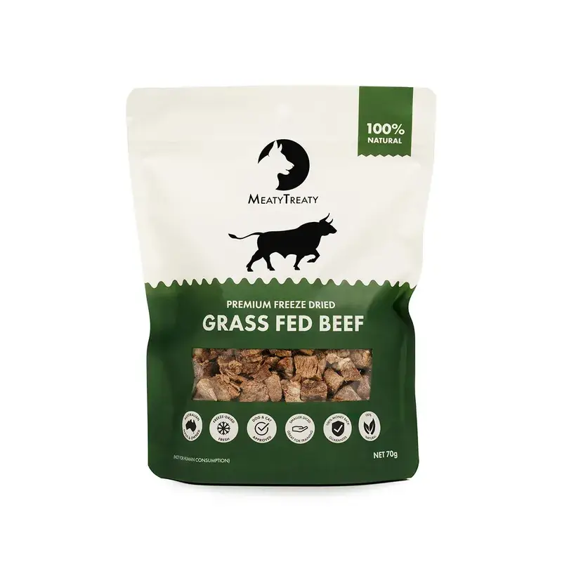 Front view of Meaty Treaty Freeze Dried Grass Fed Beef Dog Treats 70g pouch