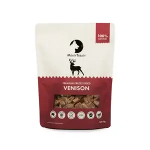 Front view of Meaty Treaty Freeze Dried Venison dog treats 70g pouch