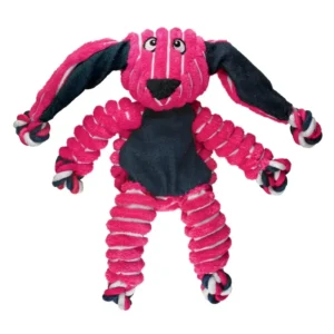 KONG Floppy Knots Bunny Squeak Toy for Dogs front view showing pink and navy plush rope design