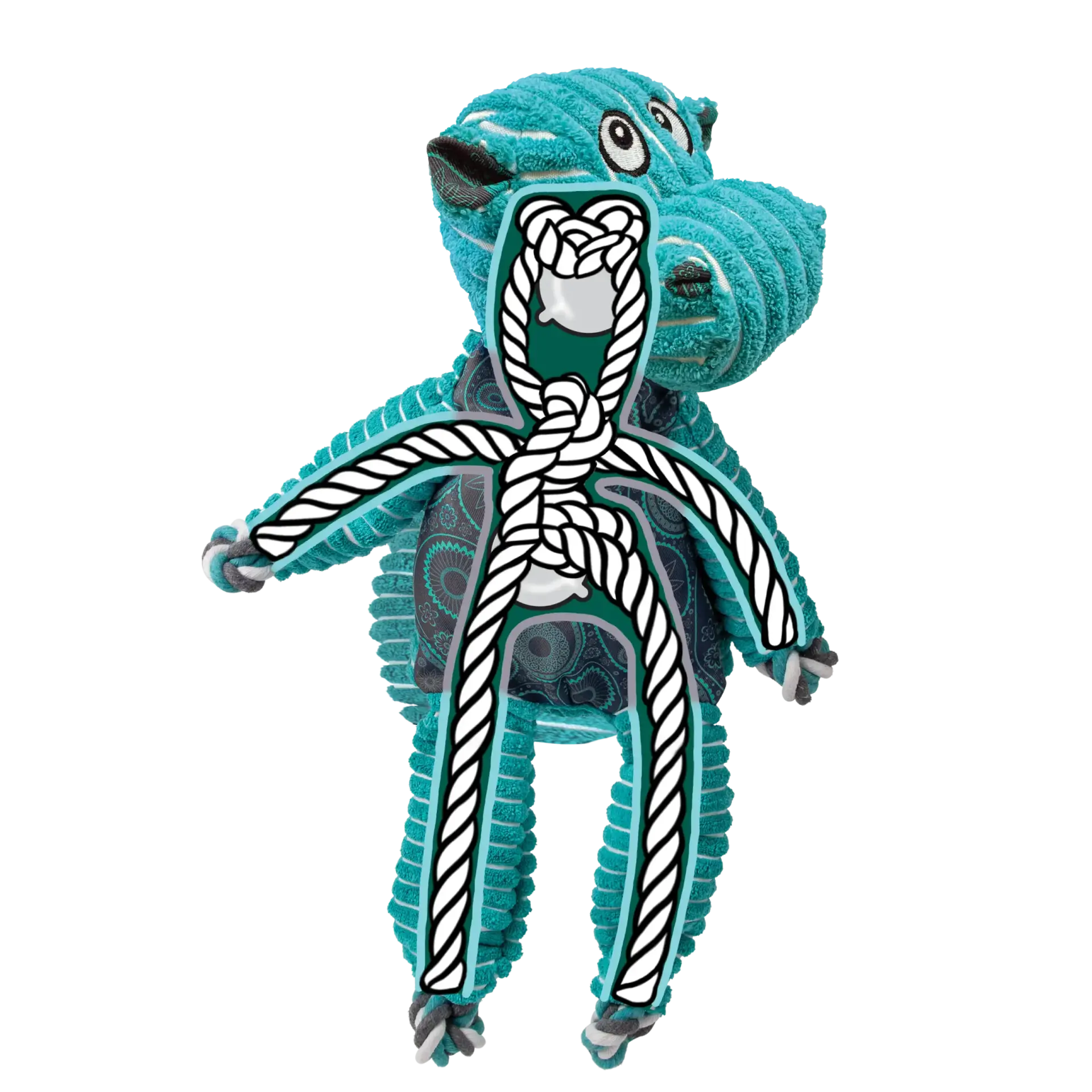 KONG Floppy Knots Hippo Squeak Toy for Dogs front view showing teal plush rope design
