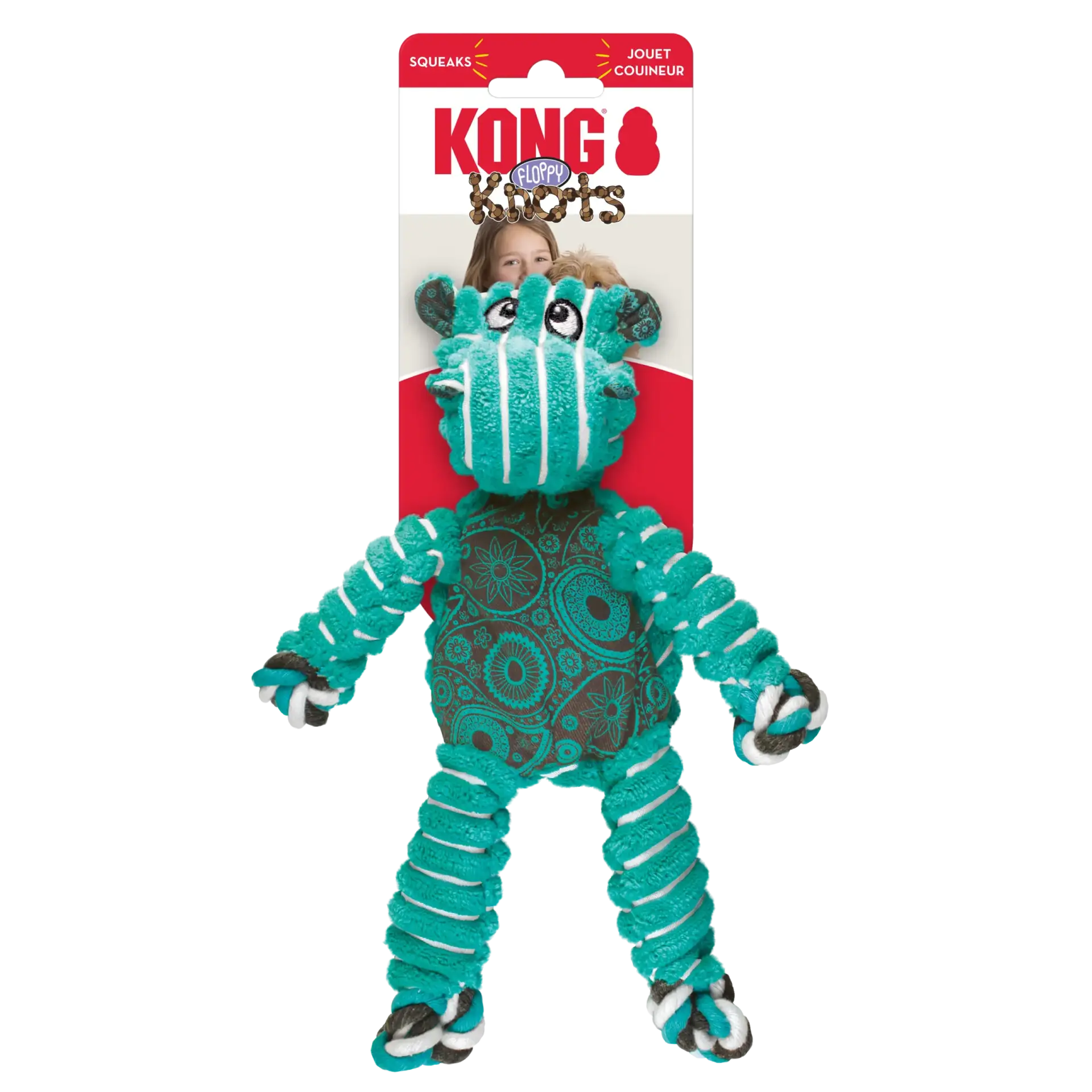 KONG Floppy Knots Hippo Squeak Toy for Dogs in original KONG packaging