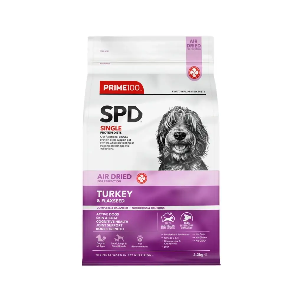 Front view of Prime100 SPD Air Dried Turkey & Flaxseed dog food bag