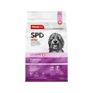 Front view of Prime100 SPD Air Dried Turkey & Flaxseed dog food bag