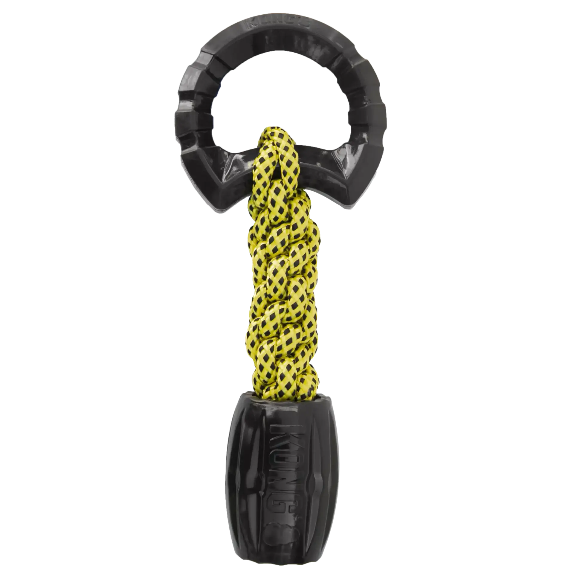 KONG Jaxx Braided Rope Tug Toy Large for Dogs on transparent background showing black and yellow rope design