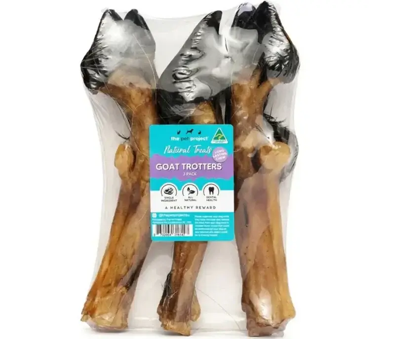 Pack of natural goat trotter dog chews from The Pet Project, displayed in clear packaging.