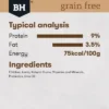 ad42215c-7f2c-49bc-a7df-078488d2aff3 Black Hawk Grain Free Chicken Dog Food nutritional information – 9% protein, 3.5% fat, 75 kcal per 100g with emu oil and natural vitamins.