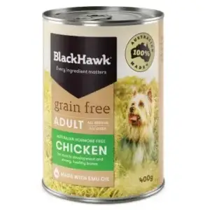 Black Hawk Grain Free Chicken Dog Food 400g can – Australian made wet food for adult dogs, rich in hormone-free chicken and emu oil.