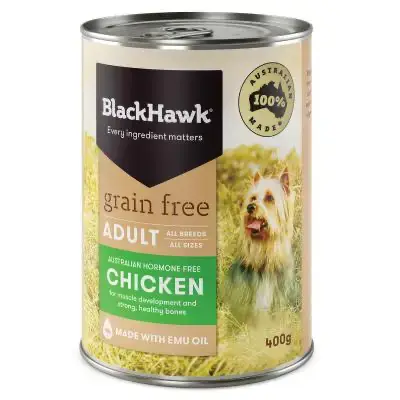 Black Hawk Grain Free Chicken Dog Food 400g can – Australian made wet food for adult dogs, rich in hormone-free chicken and emu oil.