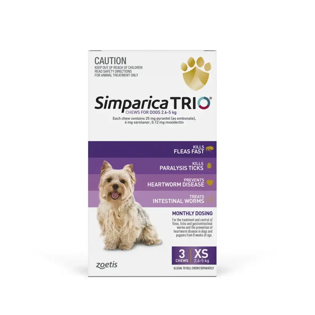 Front of Simparica Trio XS 2.6–5 kg pack for small dogs