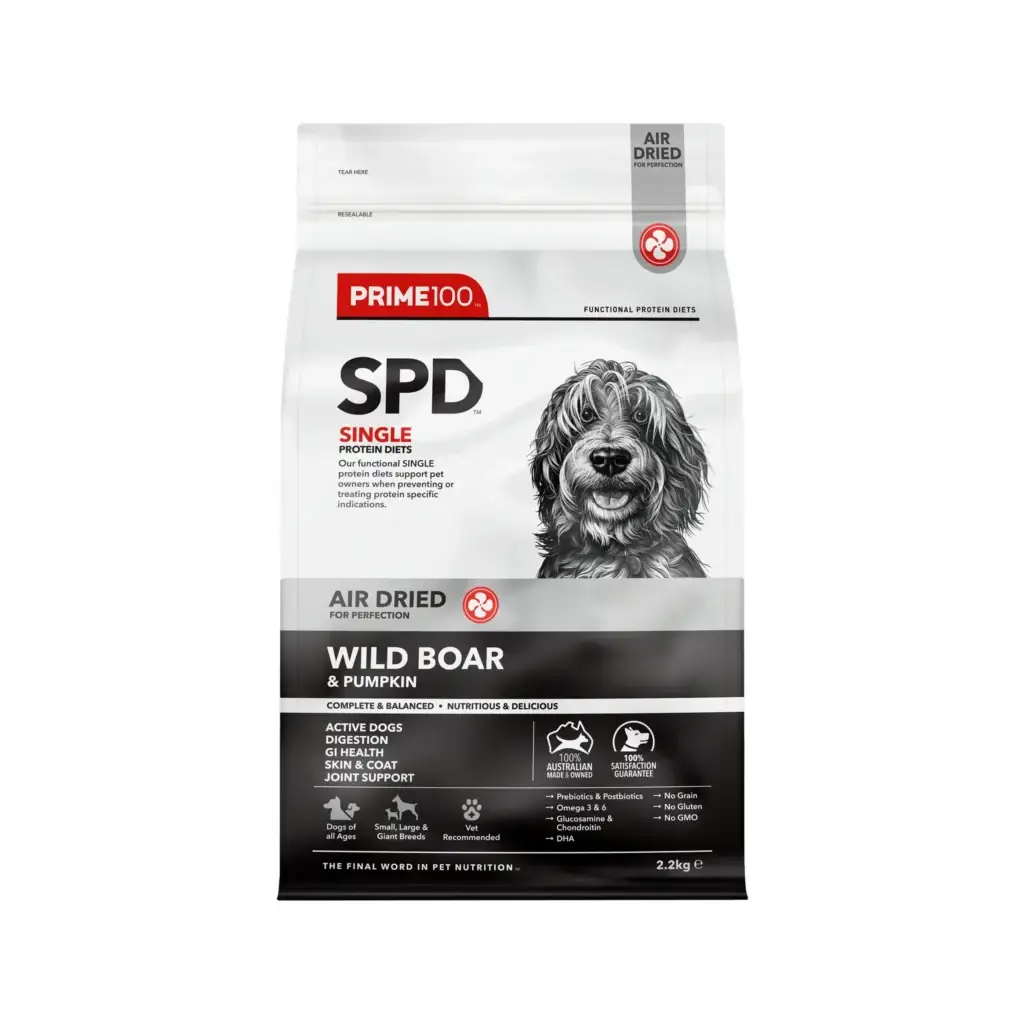 Front view of Prime100 SPD Air Dried Wild Boar & Pumpkin dog food bag