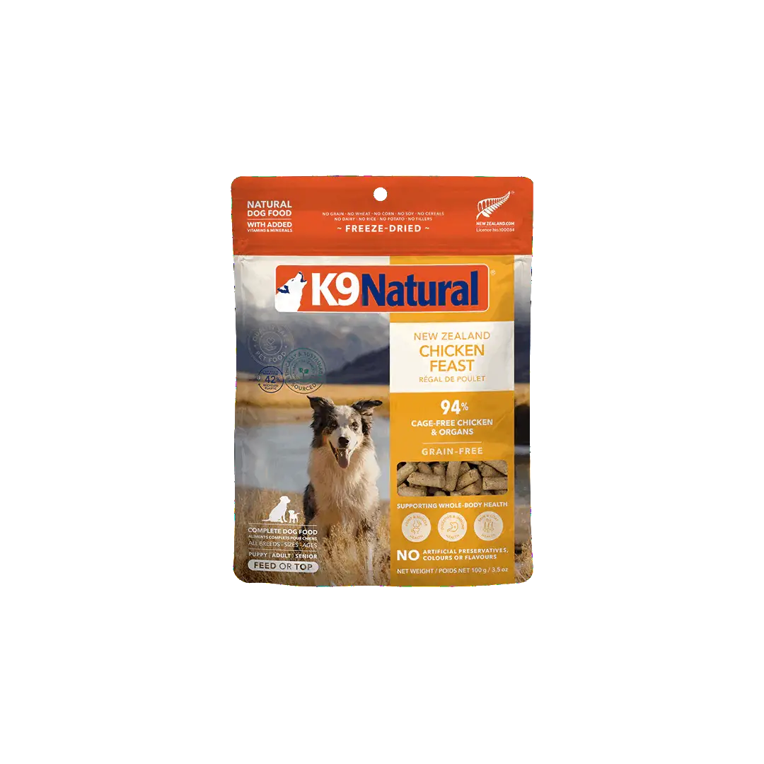 Front view of K9 Natural Grain-Free Freeze-Dried New Zealand Chicken Feast Dog Food 100g bag