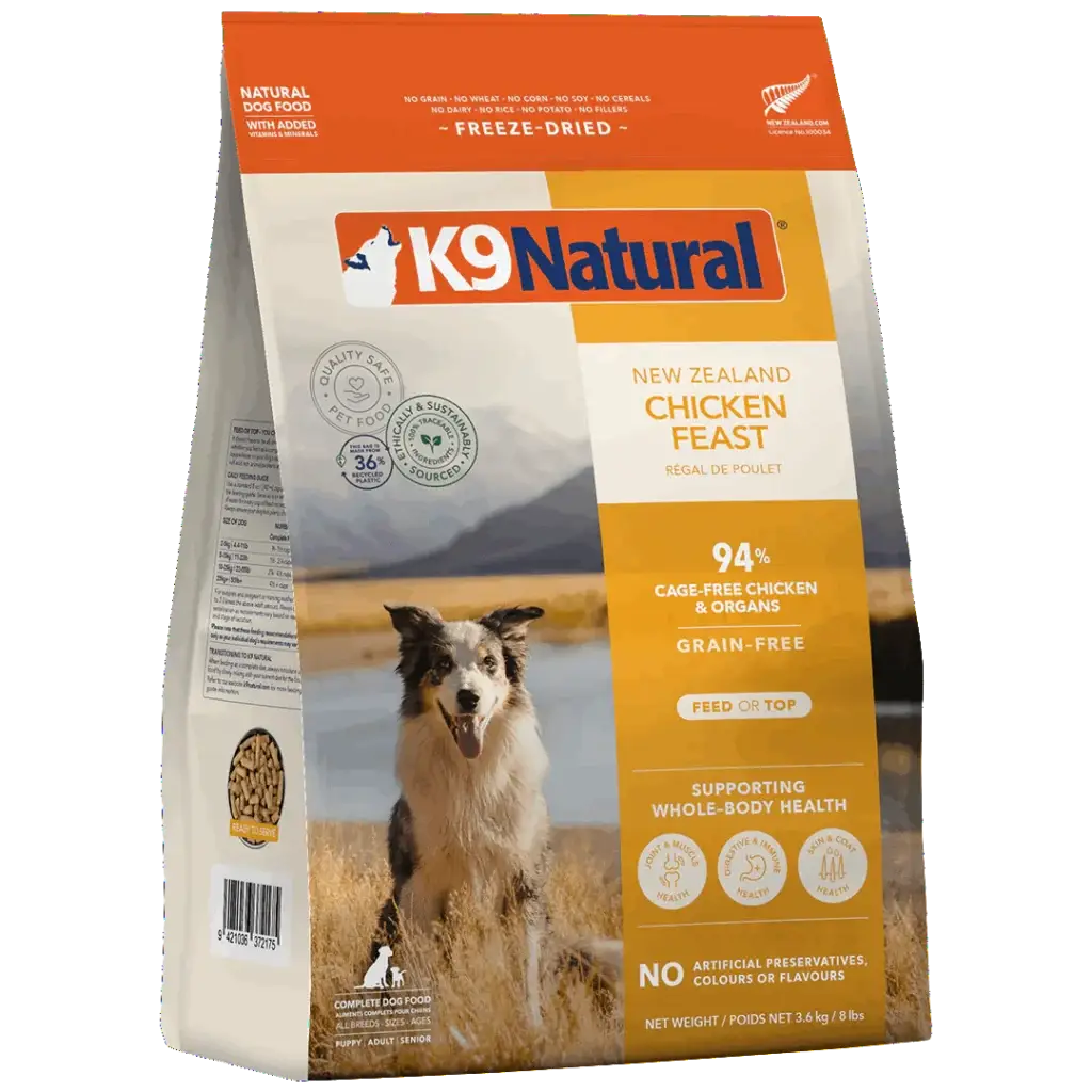 Angled front view of K9 Natural Grain-Free Freeze-Dried New Zealand Chicken Feast Dog Food 3.6kg bag