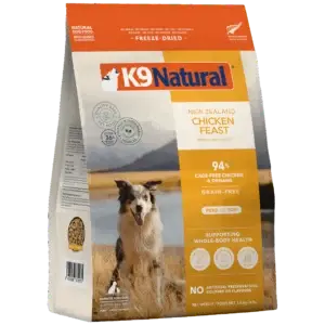 Angled front view of K9 Natural Grain-Free Freeze-Dried New Zealand Chicken Feast Dog Food 3.6kg bag