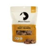 Freeze Dried Beef Hearts Dog Treats Front Packaging with Treat Pieces Premium freeze dried beef heart dog treats made from 100% natural beef. High-protein, nutrient-rich, and perfect for training and everyday rewards.