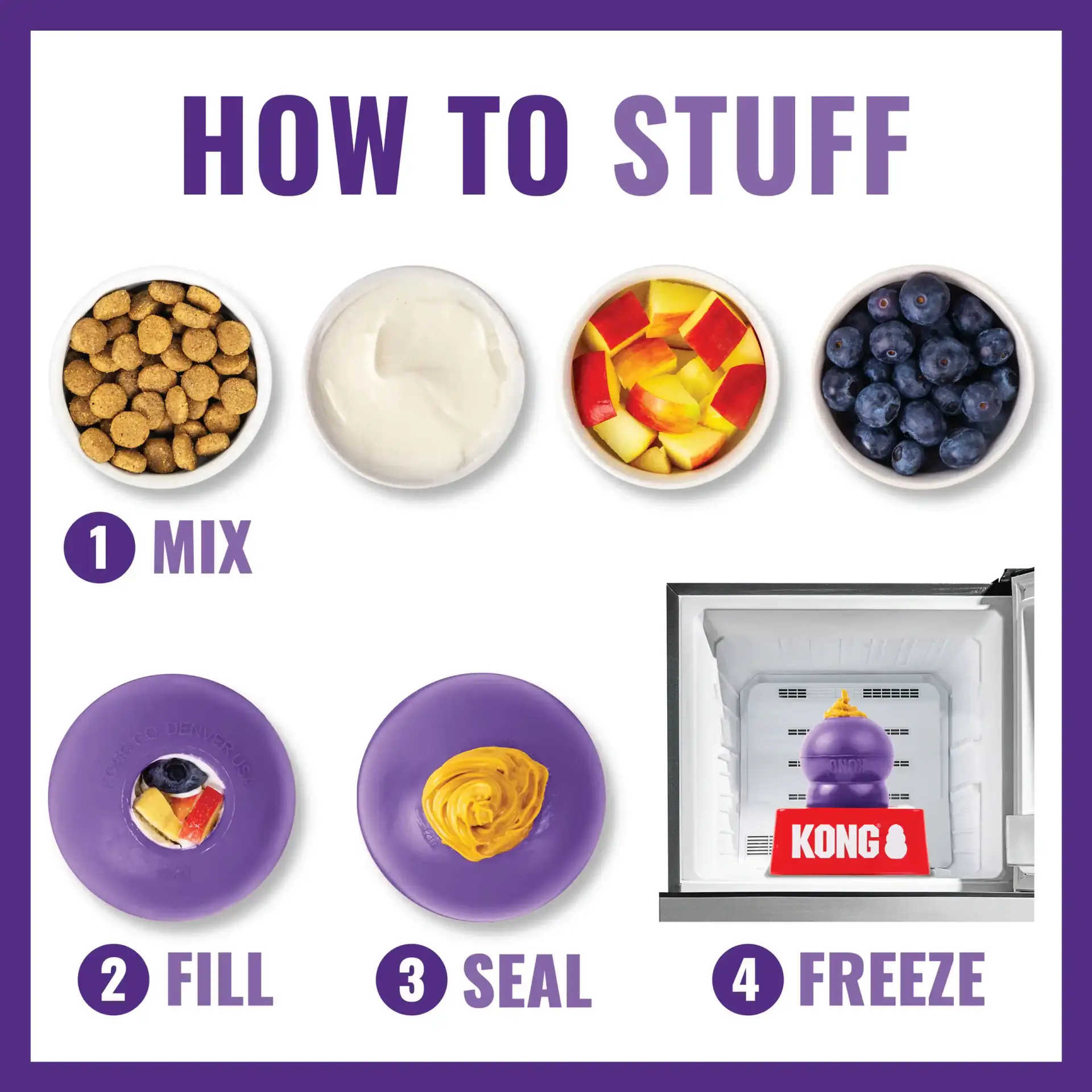Steps showing how to stuff a KONG Senior with kibble, yogurt, fruit, and freeze for enrichment