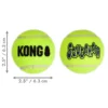 KONG AirDog Squeaker Balls Medium – Size Guide Size reference image showing medium KONG AirDog Squeaker Balls measuring 2.5 inches or 6.3 centimetres in diameter, with KONG and Squeakair logos displayed.
