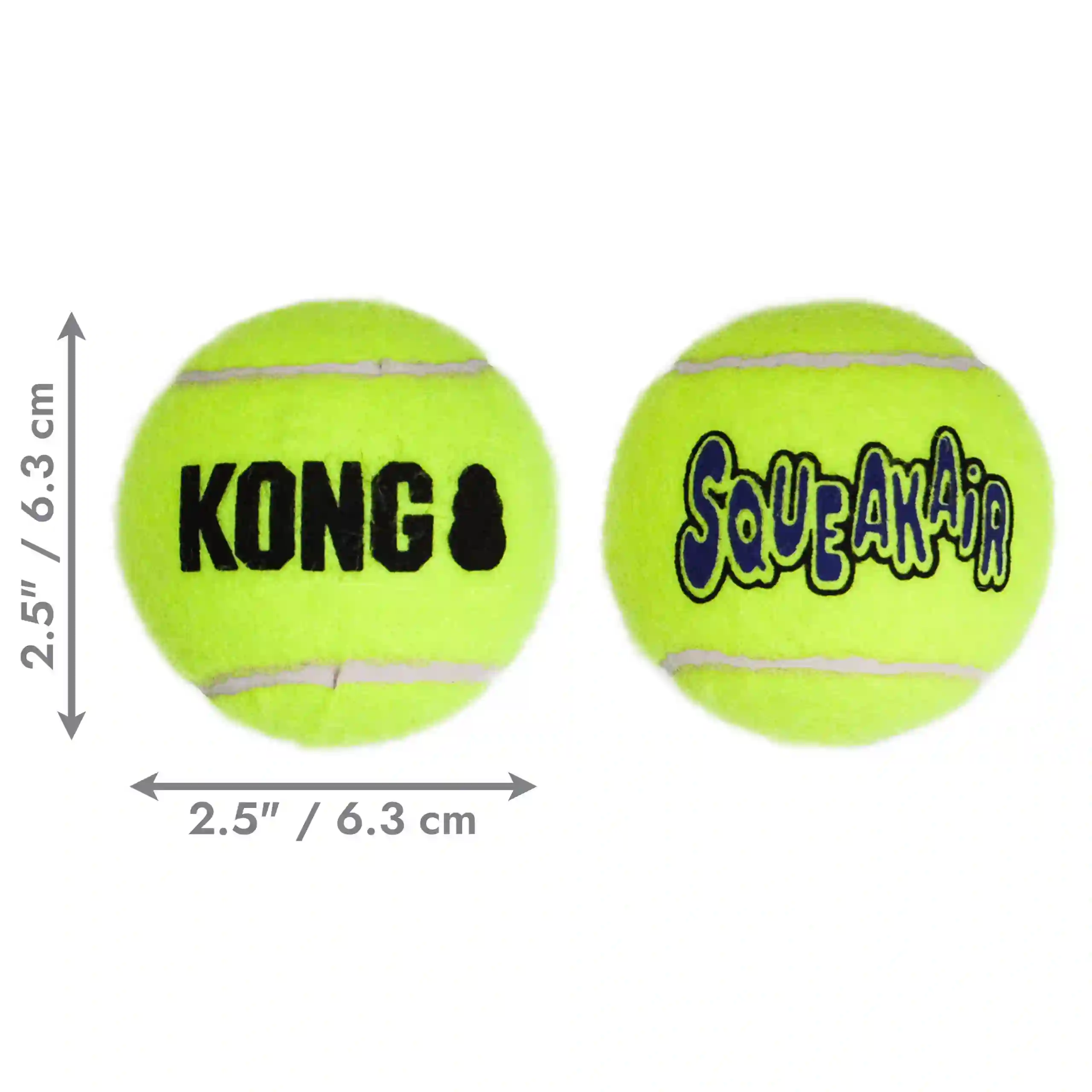 Size reference image showing medium KONG AirDog Squeaker Balls measuring 2.5 inches or 6.3 centimetres in diameter, with KONG and Squeakair logos displayed.