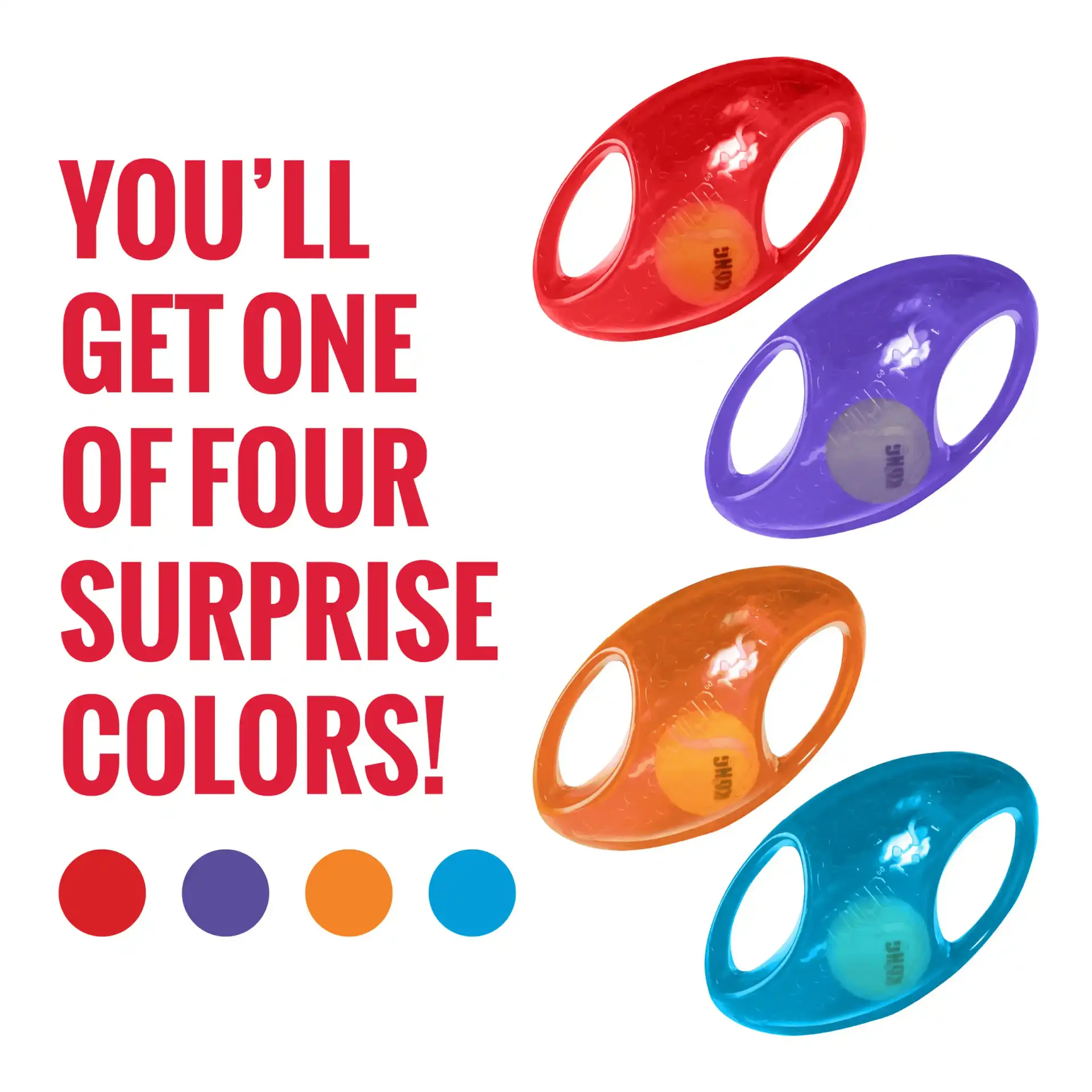 Four assorted KONG Jumbler Football toys in red, purple, orange, and blue with text showing one surprise colour.