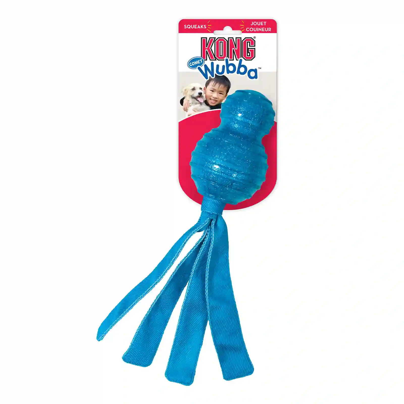 Blue KONG Wubba Comet Tug Toy with long nylon tails for fetch and tug play.