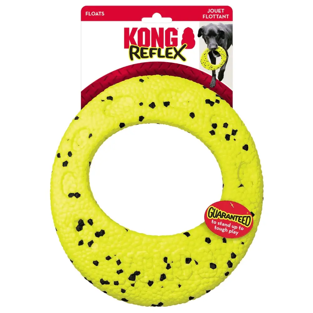 KONG Reflex Flyer Dog Toy in packaging with bright yellow durable ring for fetch and water play.