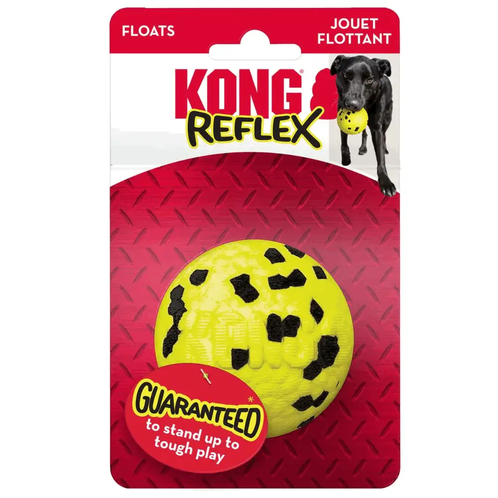 KONG Reflex Ball Dog Toy in retail packaging with guarantee for tough play.