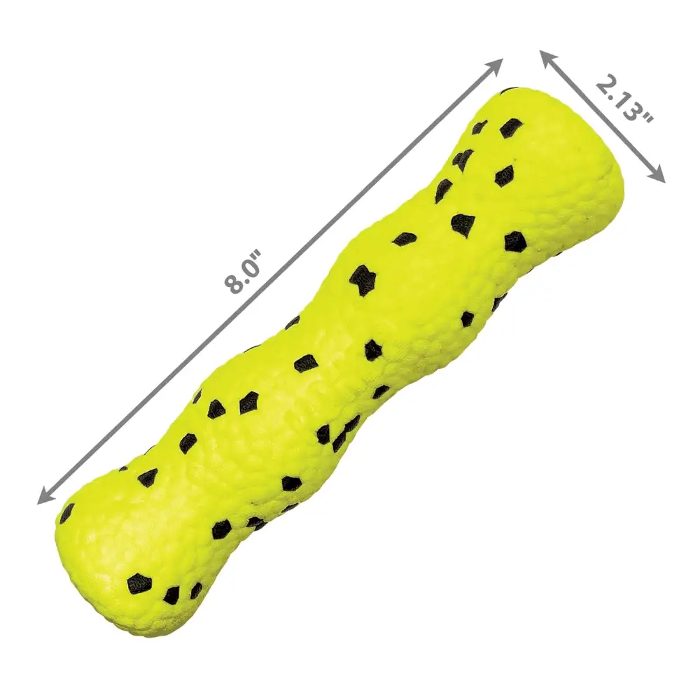 KONG Reflex Stick Dog Toy with 8-inch length and 2.13-inch width displayed in measurement diagram.